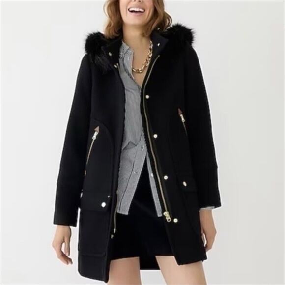 J. Crew Jackets & Blazers - J Crew Chateau Parka Italian Wool Stadium Cloth Coat Fur Hood Size 4 Black
